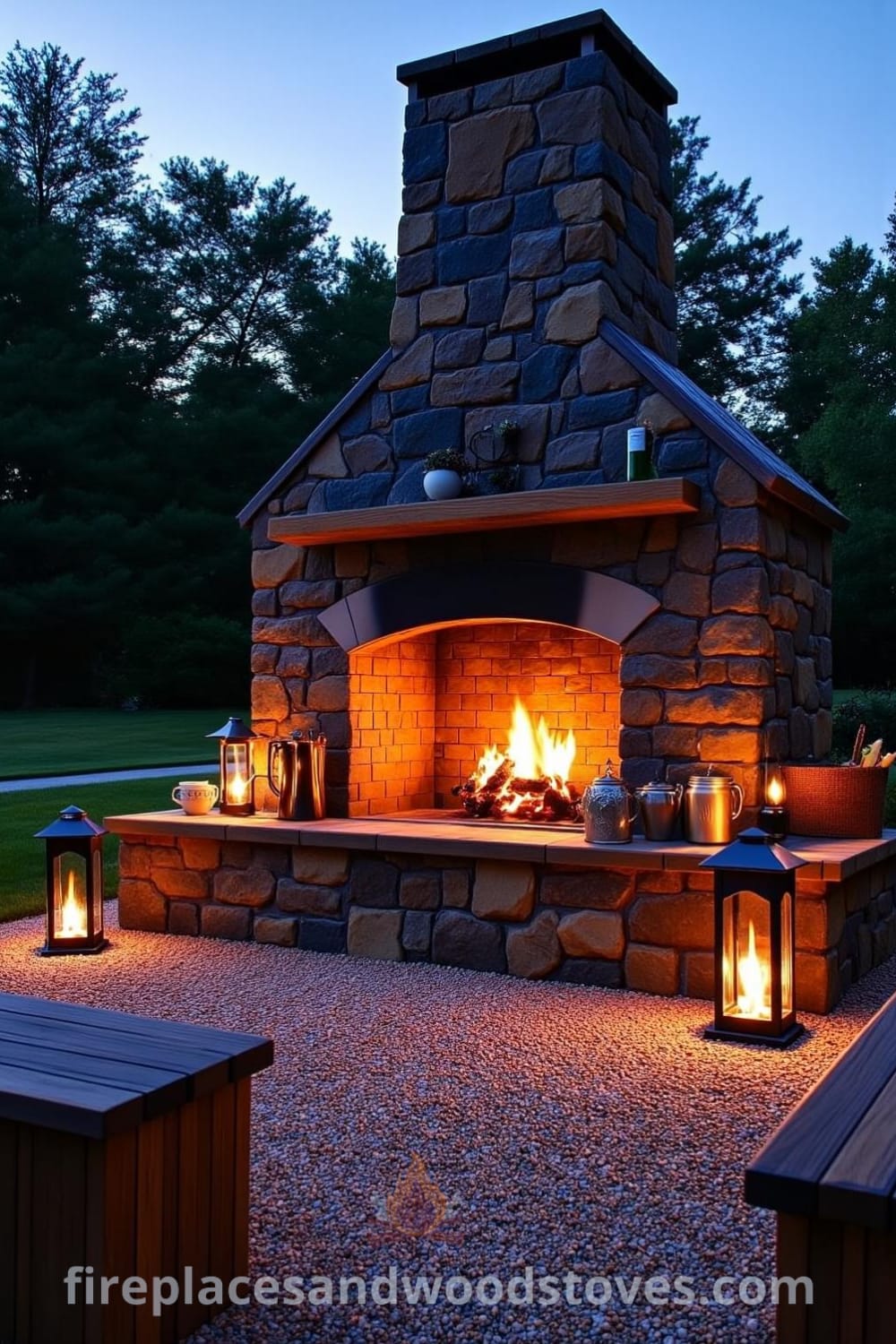 Rustic stone outdoor fireplace on a gravel patio with flickering flames and warm light, surrounded by wooden benches and scattered lanterns, creating a cozy ambiance for gatherings, as featured on fireplacesandwoodstoves.com.