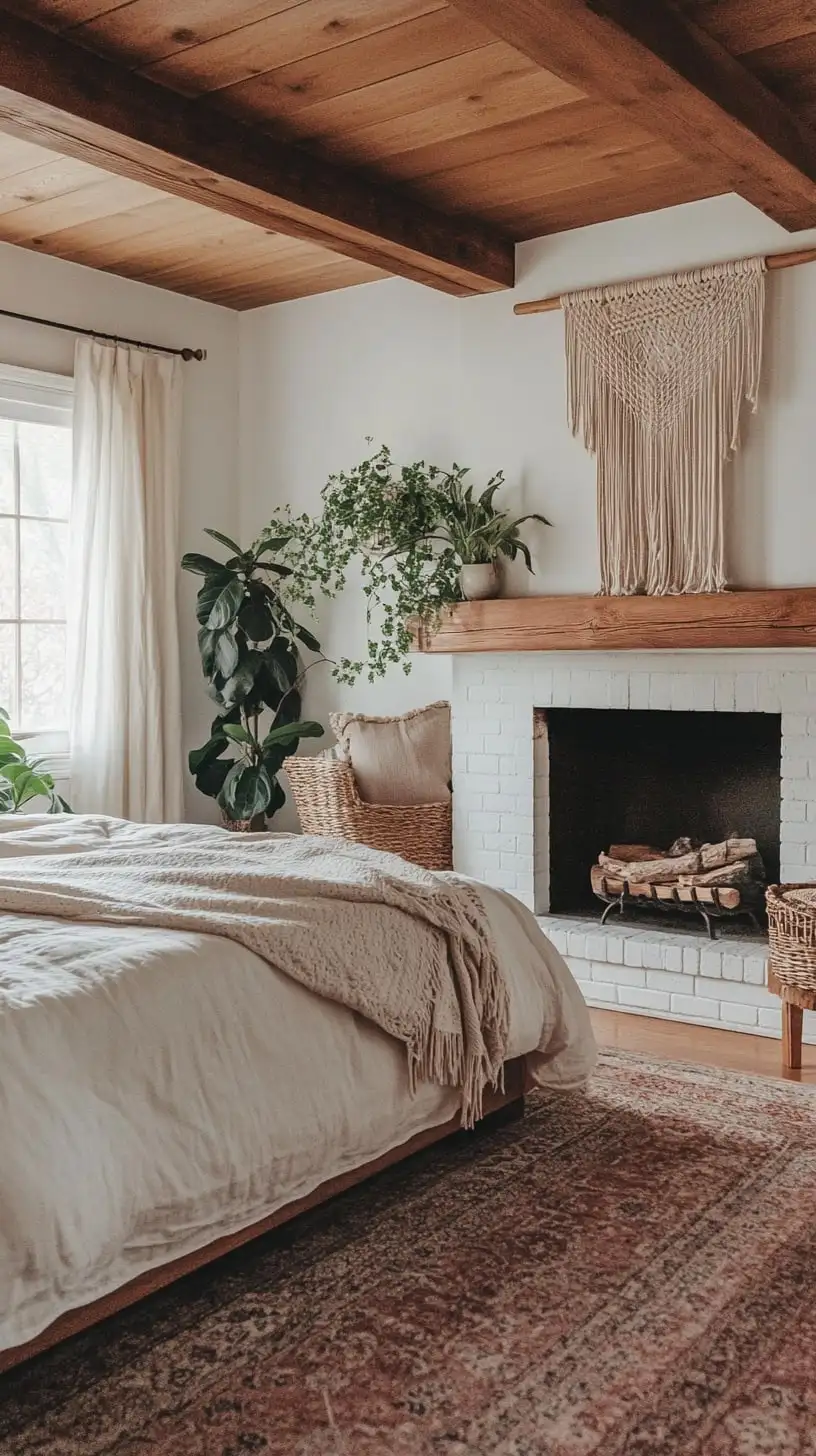 A cozy boho bedroom featuring a white brick fireplace, warm neutral tones, a large soft bed, macrame hanging, and plants bathed in natural light.