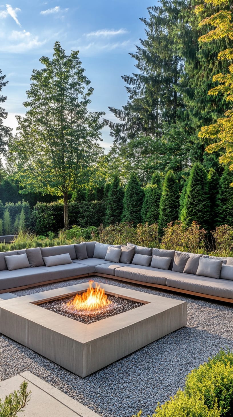 A modern outdoor seating area featuring a large square fire pit, surrounded by gray-cushioned benches and lush green trees under a blue sky.