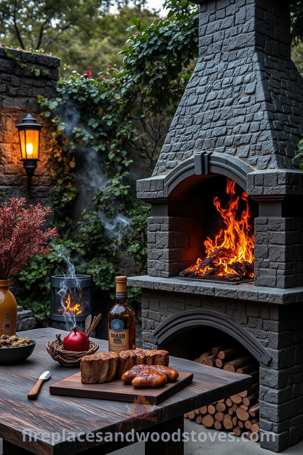 Gothic stone outdoor barbecue nestled in a lush garden with flickering flames, ancient stone walls, and an intricately carved wooden table, creating cozy ideas for your home, perfect for gatherings. For more design ideas, visit fireplacesandwoodstoves.com.