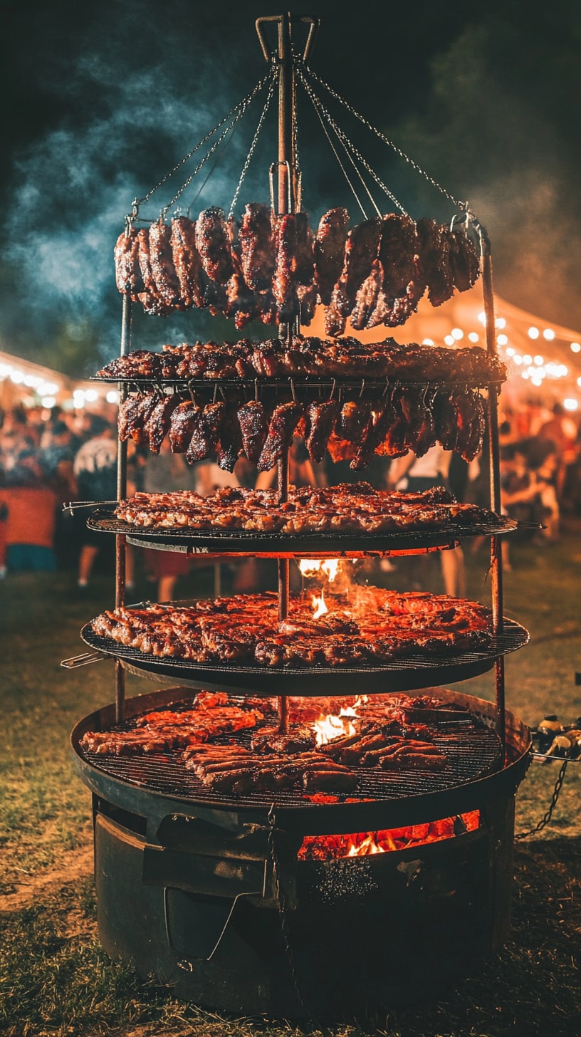 A bustling outdoor festival scene with a large barbecue grill filled with various meats being grilled over an open flame, illuminated by colorful lights and surrounded by a crowd of people.