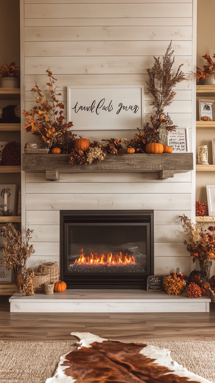 A cozy fall fireplace decorated with autumn leaves and pumpkins, featuring a rustic wood shelf, white shiplap walls, and a brown cowhide rug, creating a warm and inviting atmosphere.