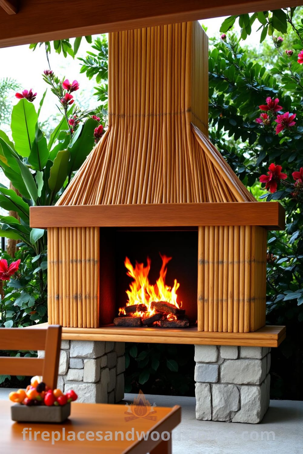 Tropical bamboo barbecue fireplace on a sun-soaked patio surrounded by lush greenery and vibrant flowers, creating a cozy, inviting outdoor retreat with flickering flames, unique design ideas, and a perfect atmosphere for gatherings, featured at fireplacesandwoodstoves.com.