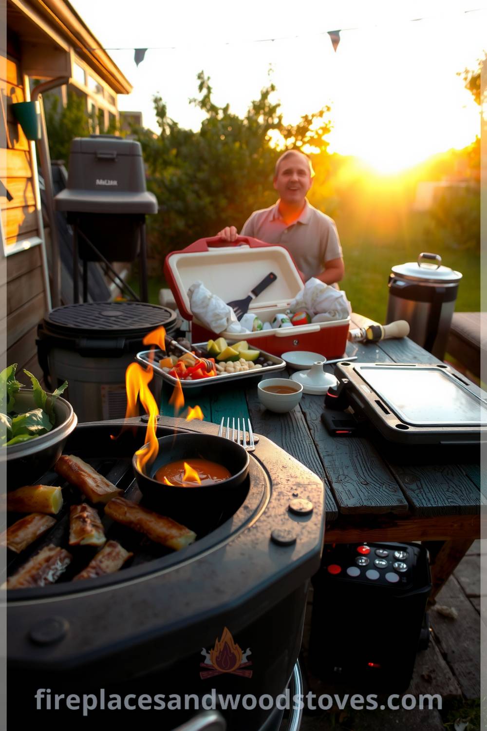 Charcoal barbecue on a sunlit patio with grill marks, flames flickering inside, surrounded by fresh vegetables on a picnic table, creating a cozy outdoor dining atmosphere perfect for gatherings, as seen on fireplacesandwoodstoves.com.
