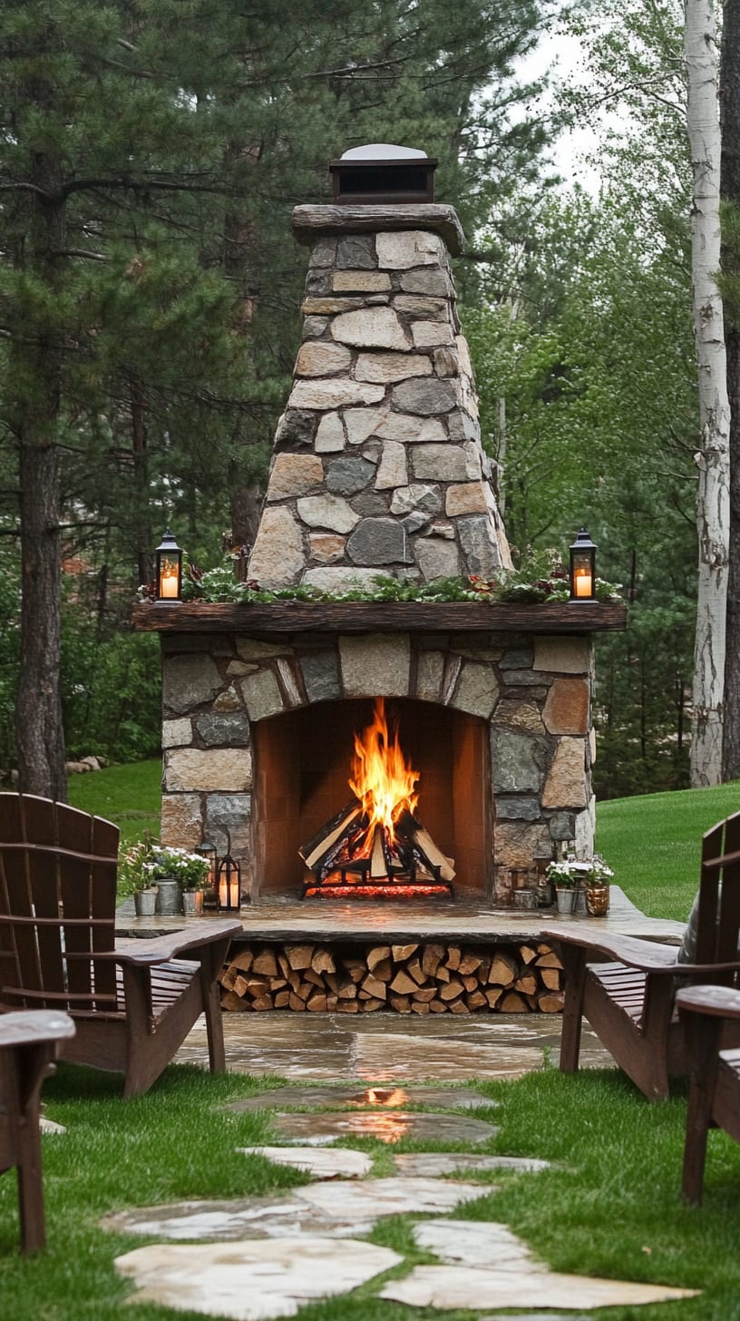 A rustic stone outdoor fireplace with a fire burning, surrounded by wooden chairs on green grass in a peaceful backyard setting.