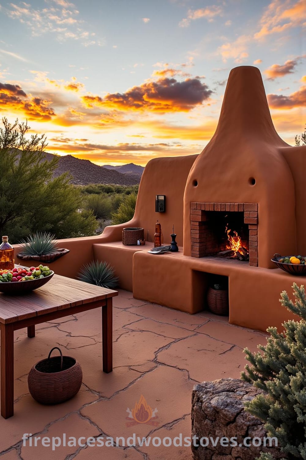 Southwestern adobe outdoor barbecue nestled among desert flora with earthy clay walls, a wood fire crackling inside, and a rustic wooden table filled with fresh ingredients, creating a cozy ambiance perfect for outdoor gatherings, featuring unique ideas for your home from fireplacesandwoodstoves.com.