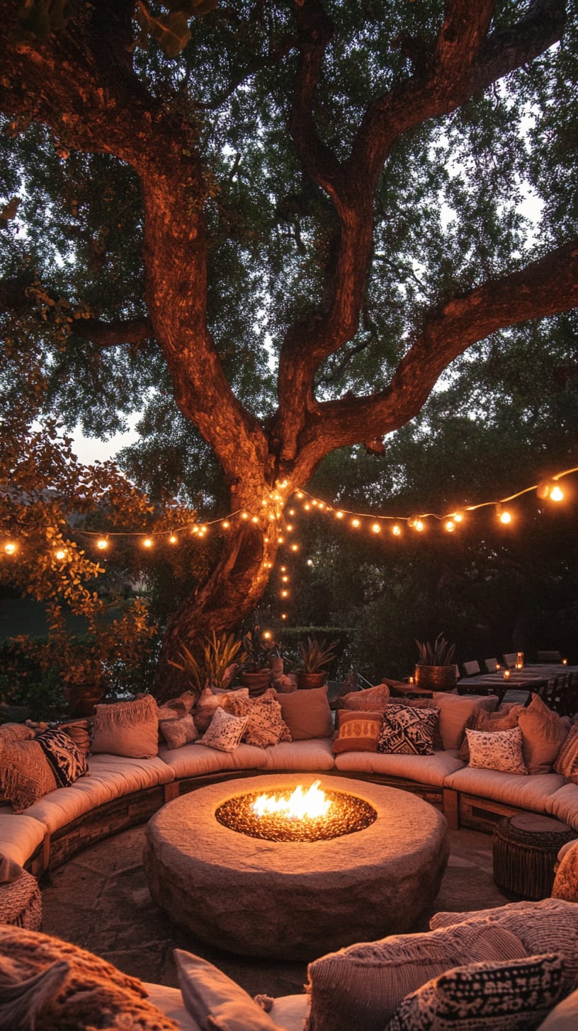 A cozy seating area with cushions and a fire pit beneath an ancient oak tree, illuminated by fairy lights in a tranquil outdoor setting.