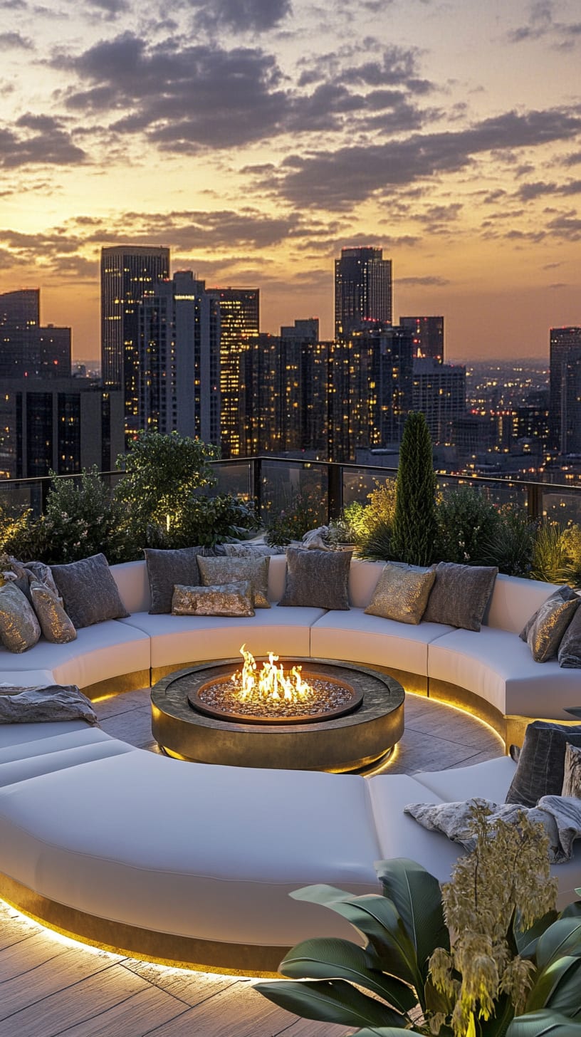 A luxurious rooftop terrace featuring a large curved seating area, fire pit, and a breathtaking city skyline view during sunset, surrounded by lush plants and elegant decor.