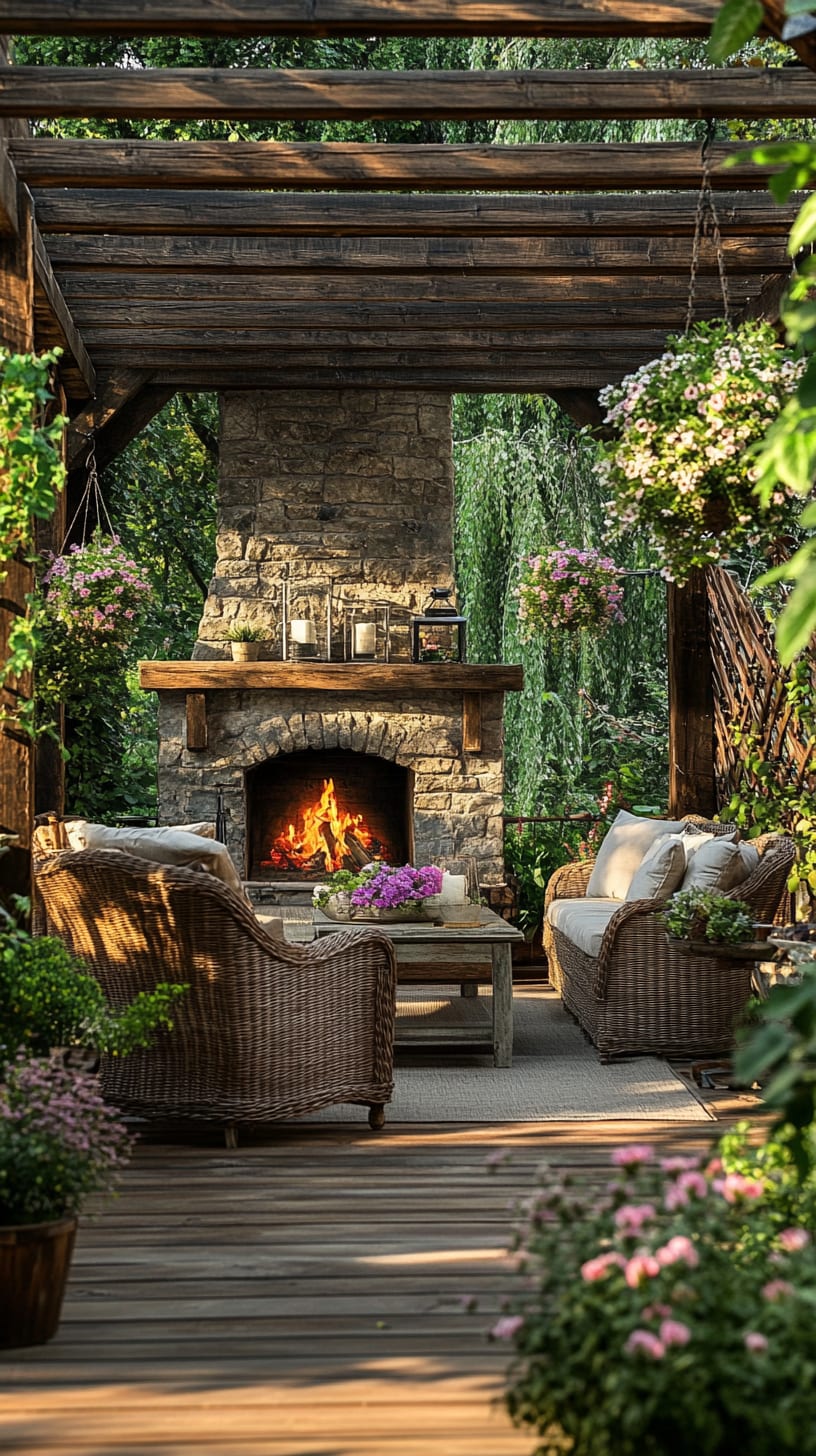 A cozy outdoor living area featuring an elegant stone fireplace, wicker furniture, and blooming flowers, surrounded by lush greenery under wooden beams.