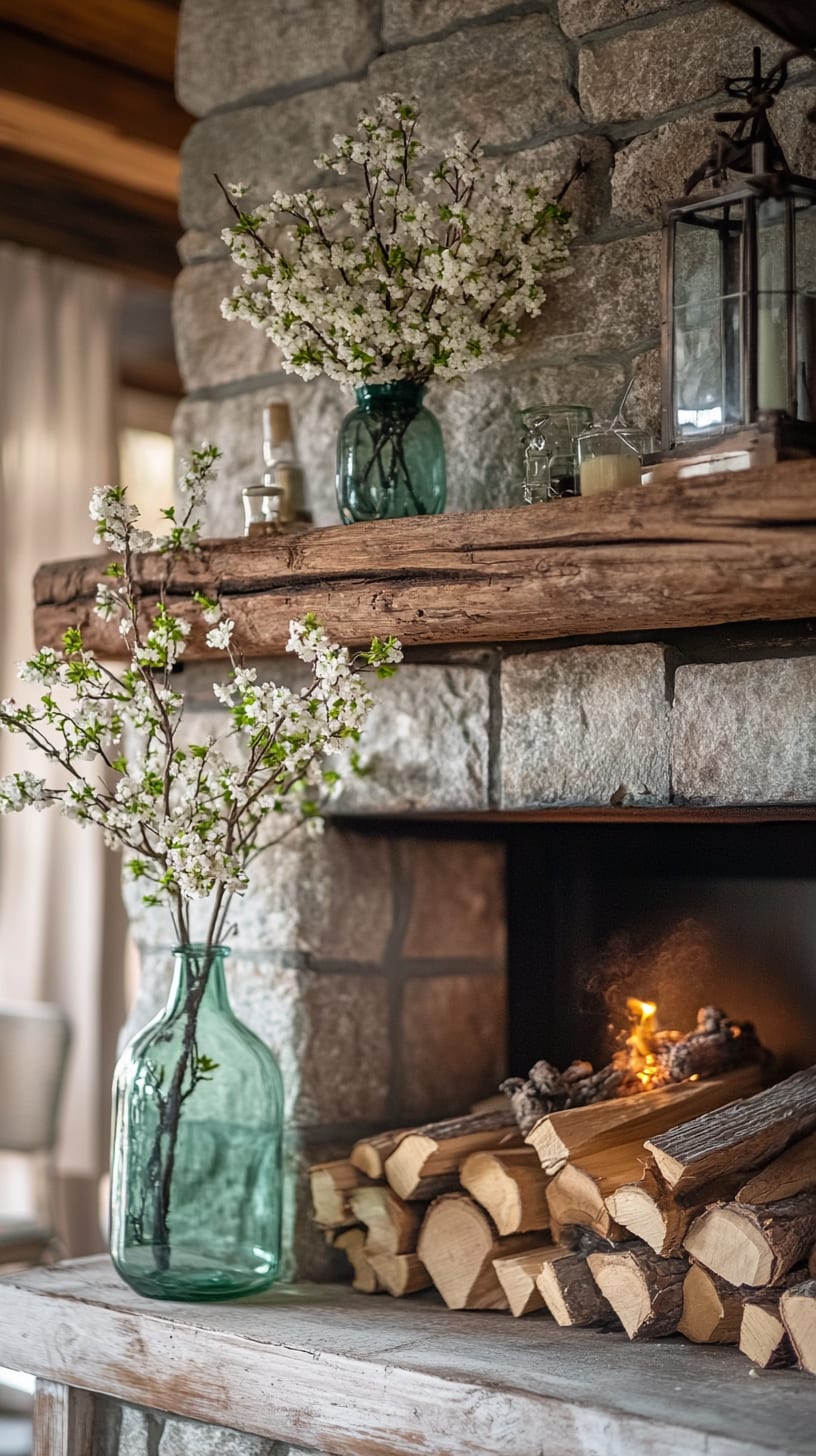 A rustic stone fireplace with stacked firewood, surrounded by vintage glass vases filled with white blossoms and greenery, capturing a cozy cabin interior.
