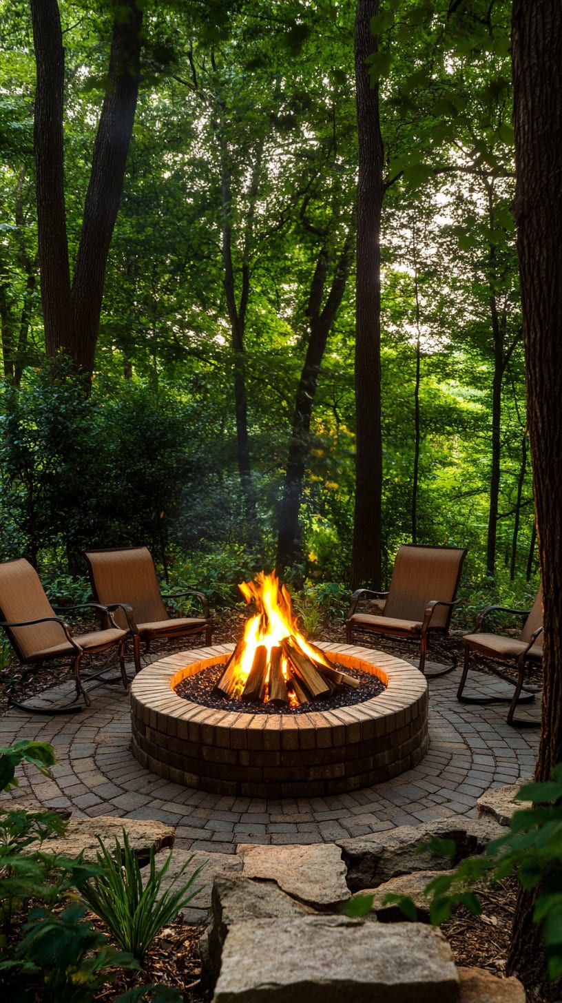 A cozy outdoor fire pit surrounded by chairs and lush green trees, showcasing a warm and inviting atmosphere perfect for gatherings.