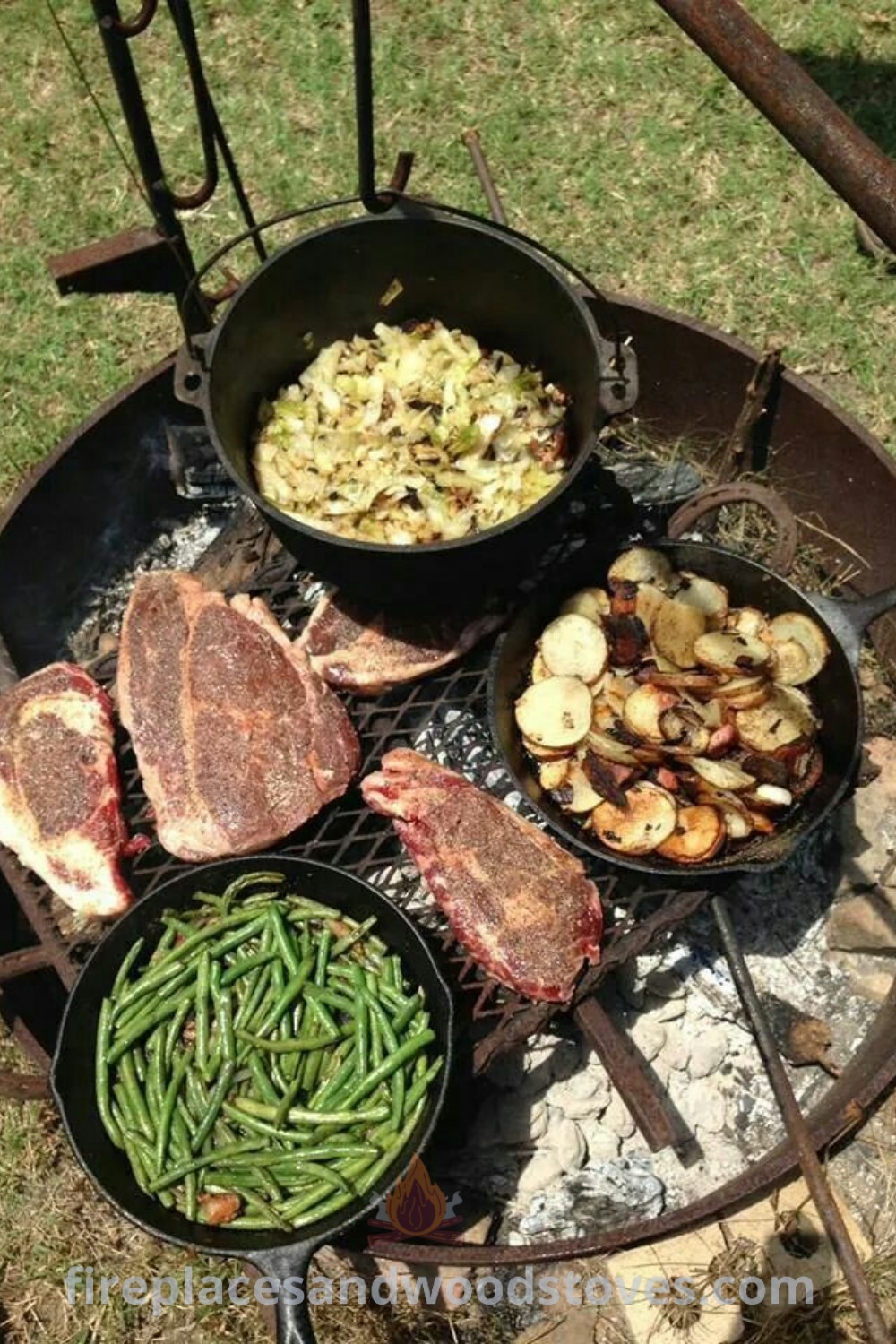 An outdoor grill with various foods cooking on it, ideal for autumn dinners and camping inspo. Enjoy creative outdoor cooking experiences in nature with stylish ideas that transform your camping trips. Discover more outdoor cooking ideas at patioandhomefurniture.com.