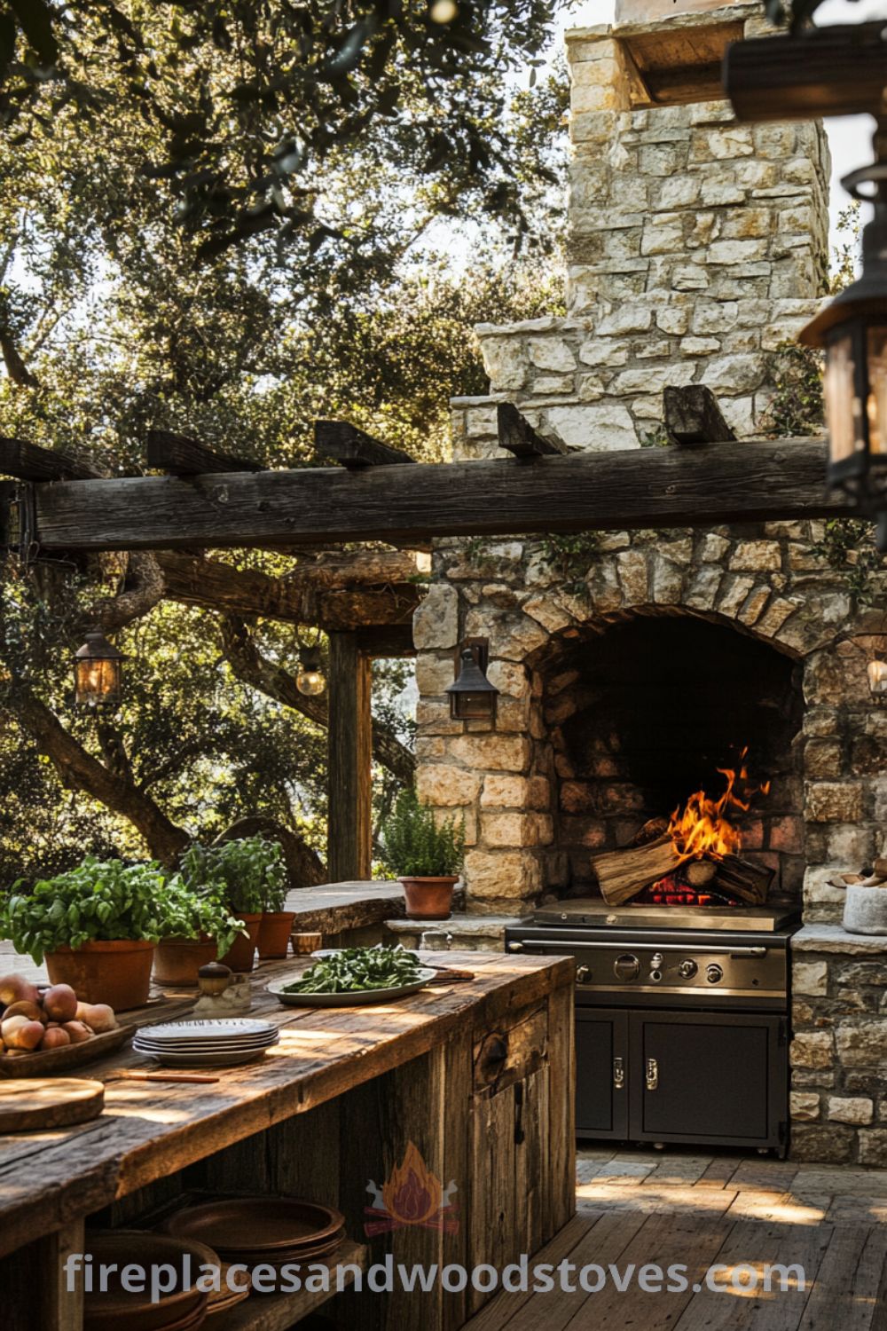 Outdoor kitchen nestled among trees, featuring a rustic wood-burning fireplace made of rough stone, weathered wooden countertops with mismatched plates, and fresh herbs, creating a cozy and inviting atmosphere for intimate meals under the stars, as seen on wellnesswink.com.