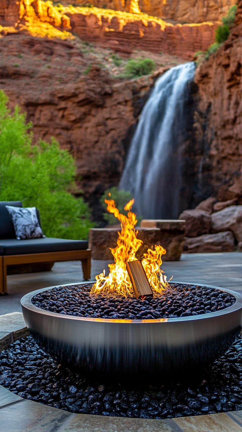 A sleek stainless steel fire pit surrounded by black river pebbles and seating, with a majestic waterfall and red rock cliffs in the background.