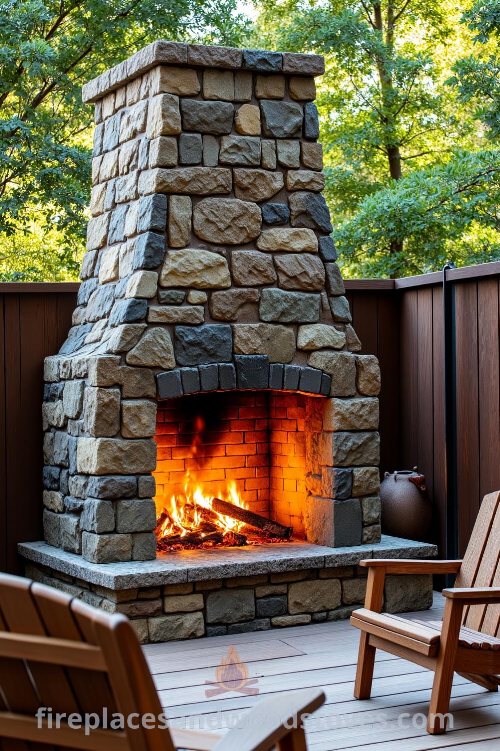 Rustic outdoor stone fireplace in a sun-drenched backyard with crackling flames, warm glow illuminating wooden decking, surrounded by worn garden chairs, perfect for gatherings and cozy evenings, showcasing inspiring decor ideas for your home, available at fireplacesandwoodstoves.com.