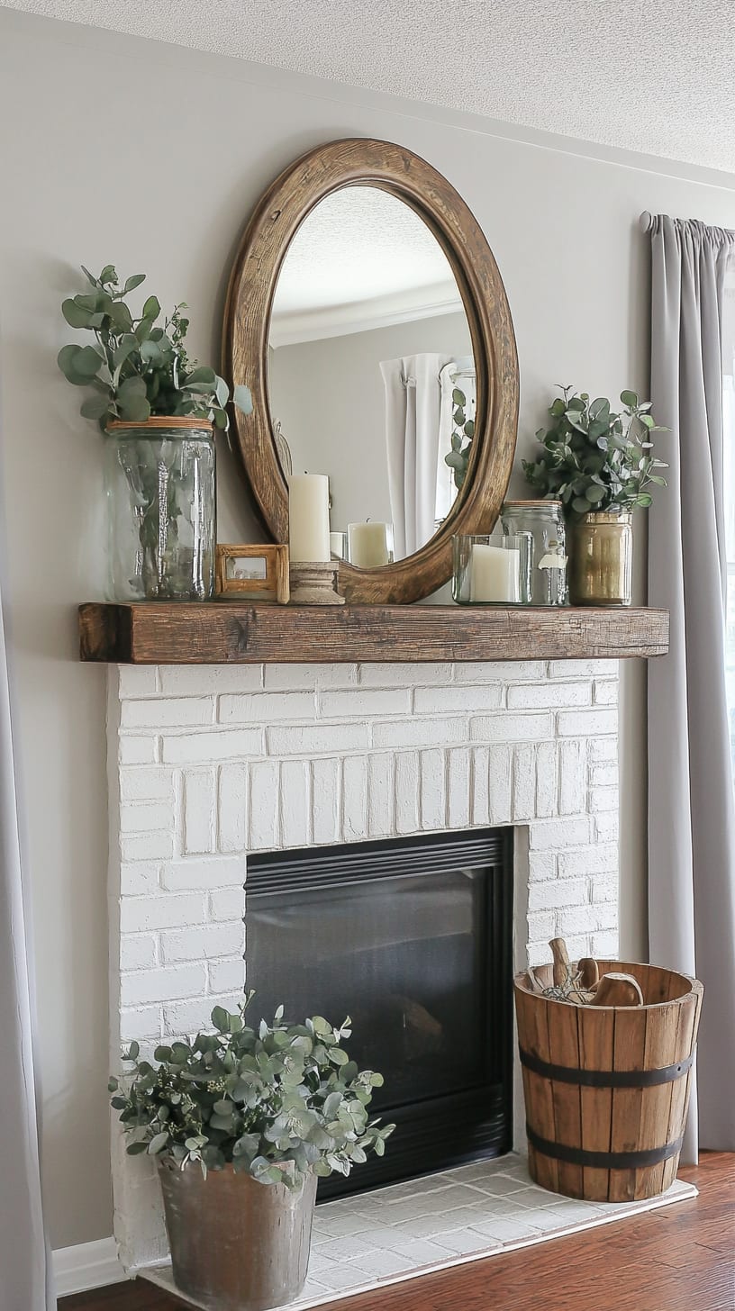 A cozy farmhouse fireplace featuring white brick, an aged wooden mantel adorned with potted eucalyptus, candles, and a large round mirror, complemented by gray curtains and warm lighting.