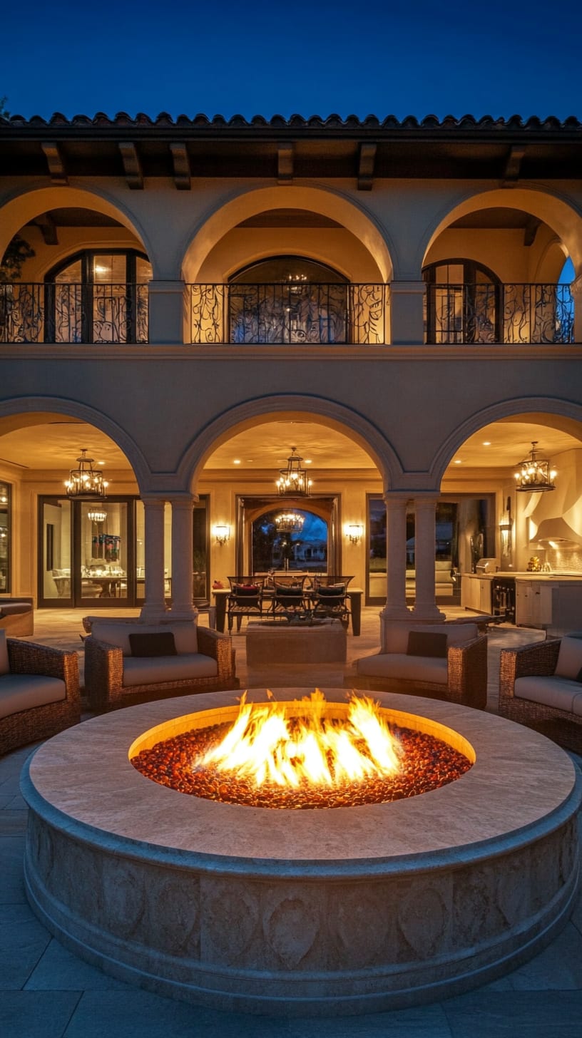 A luxurious outdoor fire pit surrounded by comfortable seating in an elegant Spanish-style mansion at night, featuring arched windows and soft lighting, with people enjoying their time together.