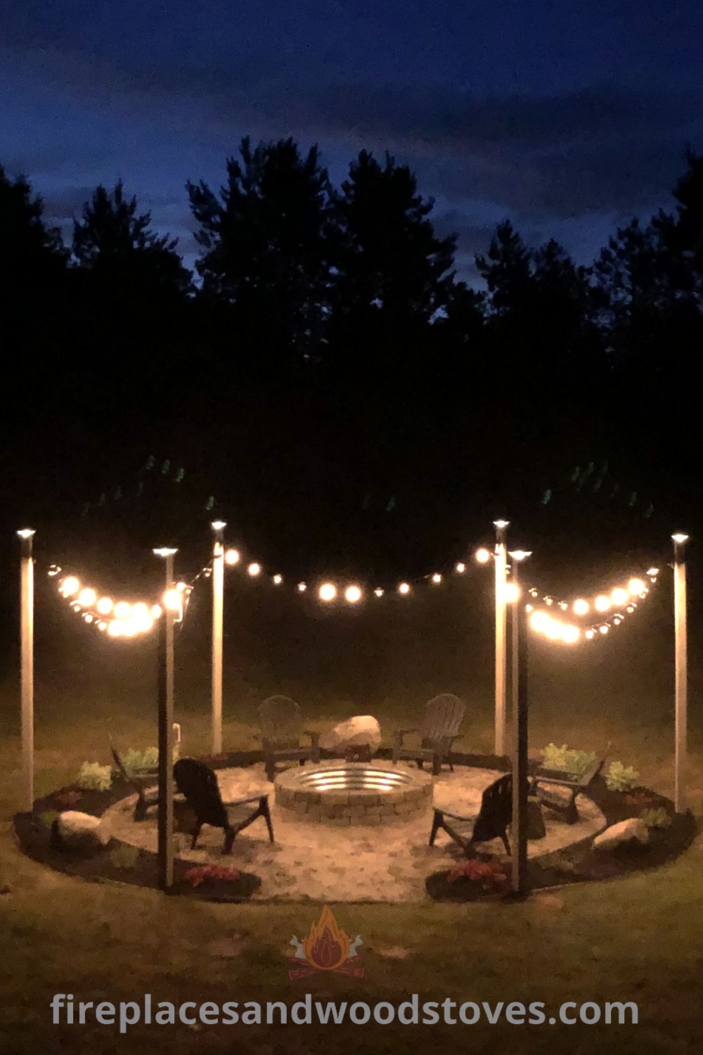 An outdoor fire pit surrounded by string lights, showcasing cozy designs that transform the backyard into a stylish gathering area, ideal for bonfires. Discover more backyard ideas at patioandhomefurniture.com.