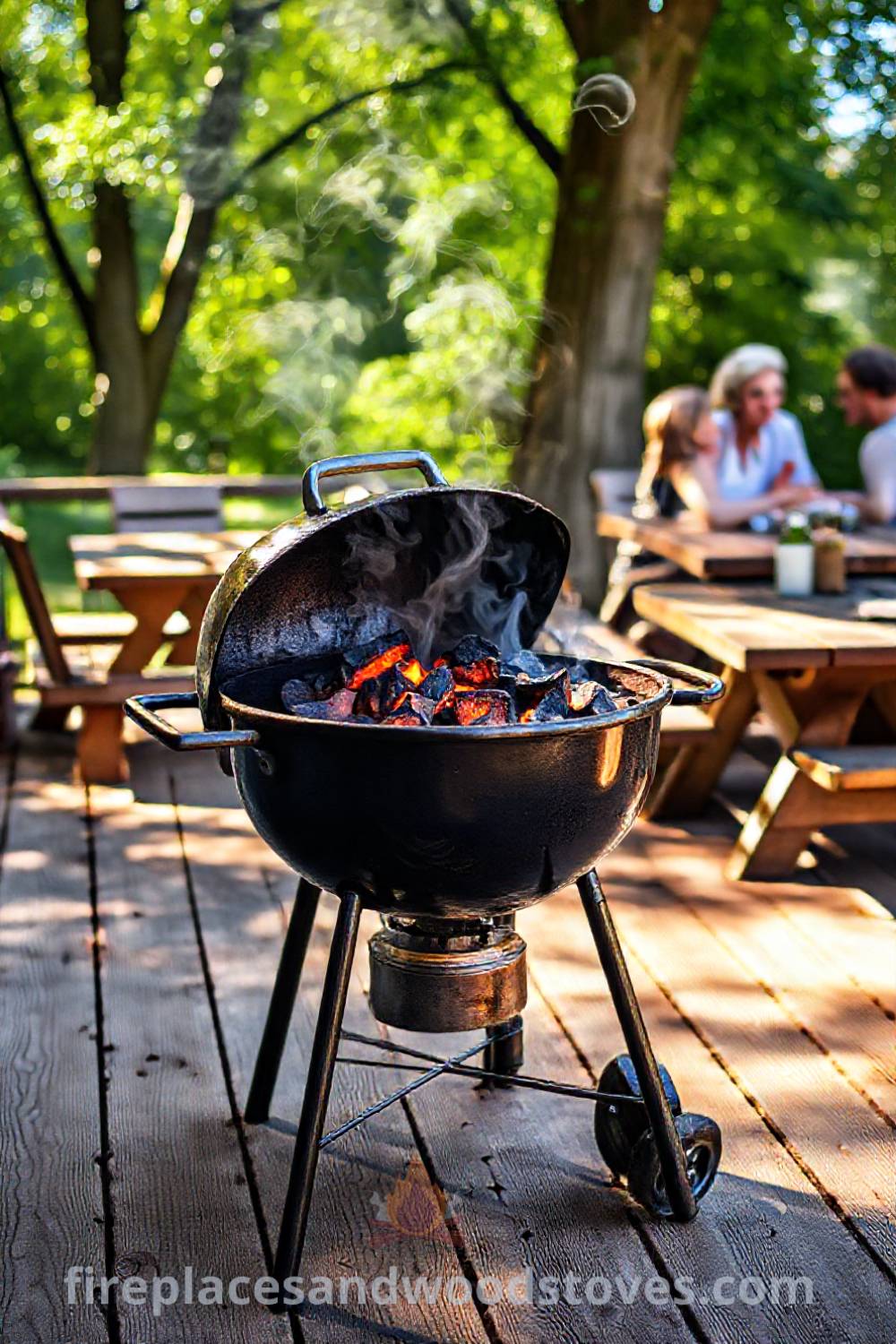 Classic charcoal grill on a worn wooden patio with glowing coals, surrounded by friends laughing at an old picnic table and soft wisps of smoke rising, creating a cozy and inviting atmosphere for summer barbecues, as featured on fireplacesandwoodstoves.com with decor ideas and inspirations for your home.