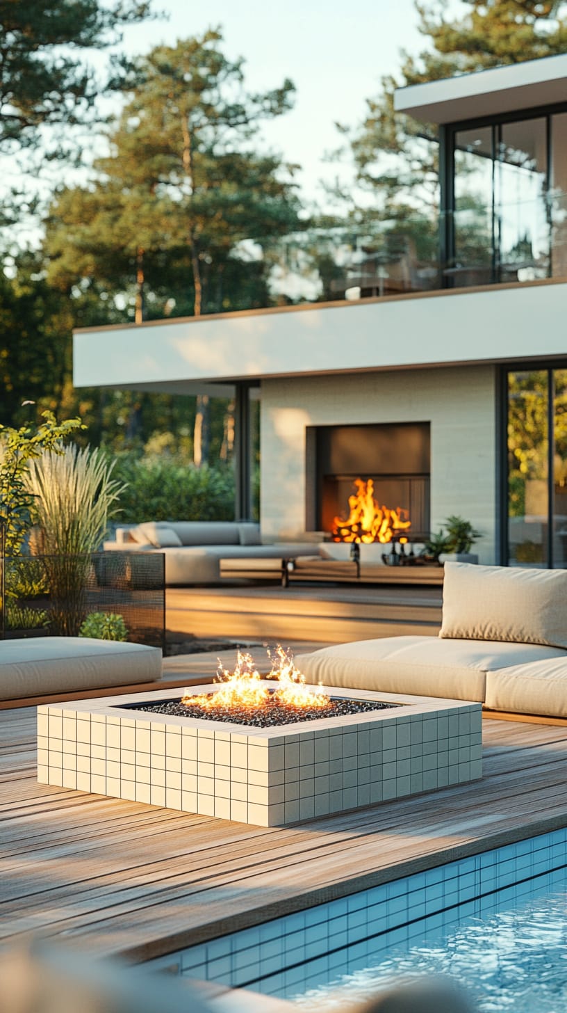 A modern outdoor setting featuring a house with large windows, a swimming pool, a fire pit, and comfortable seating with beige cushions, surrounded by lush greenery.