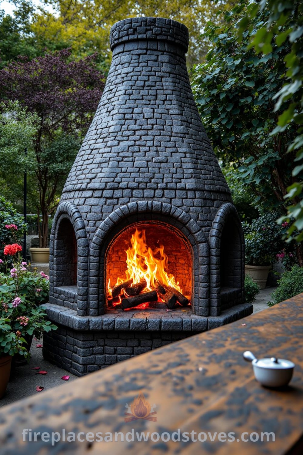 Gothic stone outdoor barbecue in a lush garden with intricate carvings, warm flames, and a rustic wooden table, inviting gatherings and cozy dining experiences, showcasing unique ideas for your home at fireplacesandwoodstoves.com.