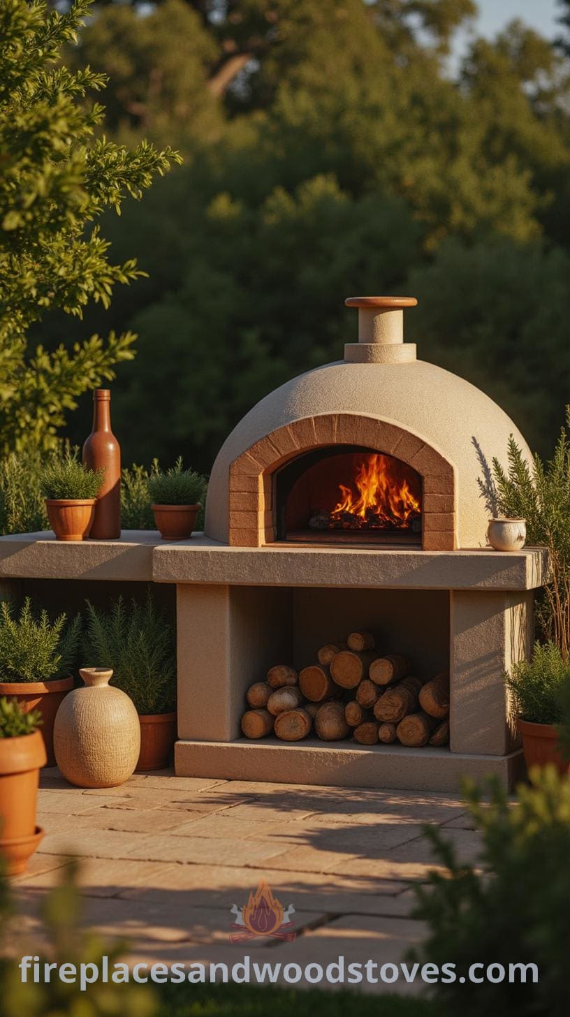 An outdoor cooking setting featuring a dome-shaped oven, with pots of plants, garlic, and herbs on the countertop, surrounded by lush greenery.