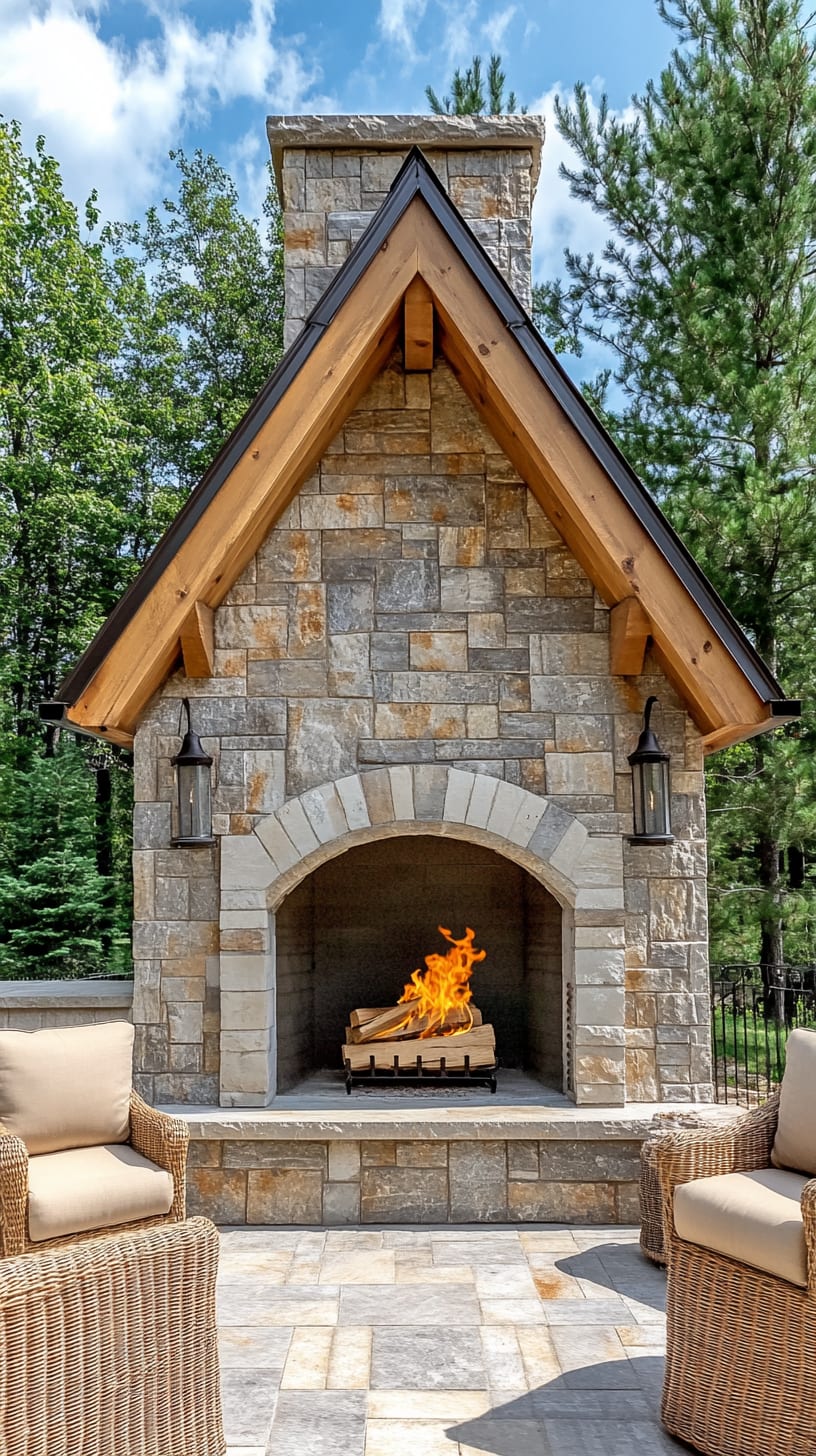 An inviting outdoor fireplace made of stone, surrounded by wicker furniture, with green trees and a blue sky in the background.