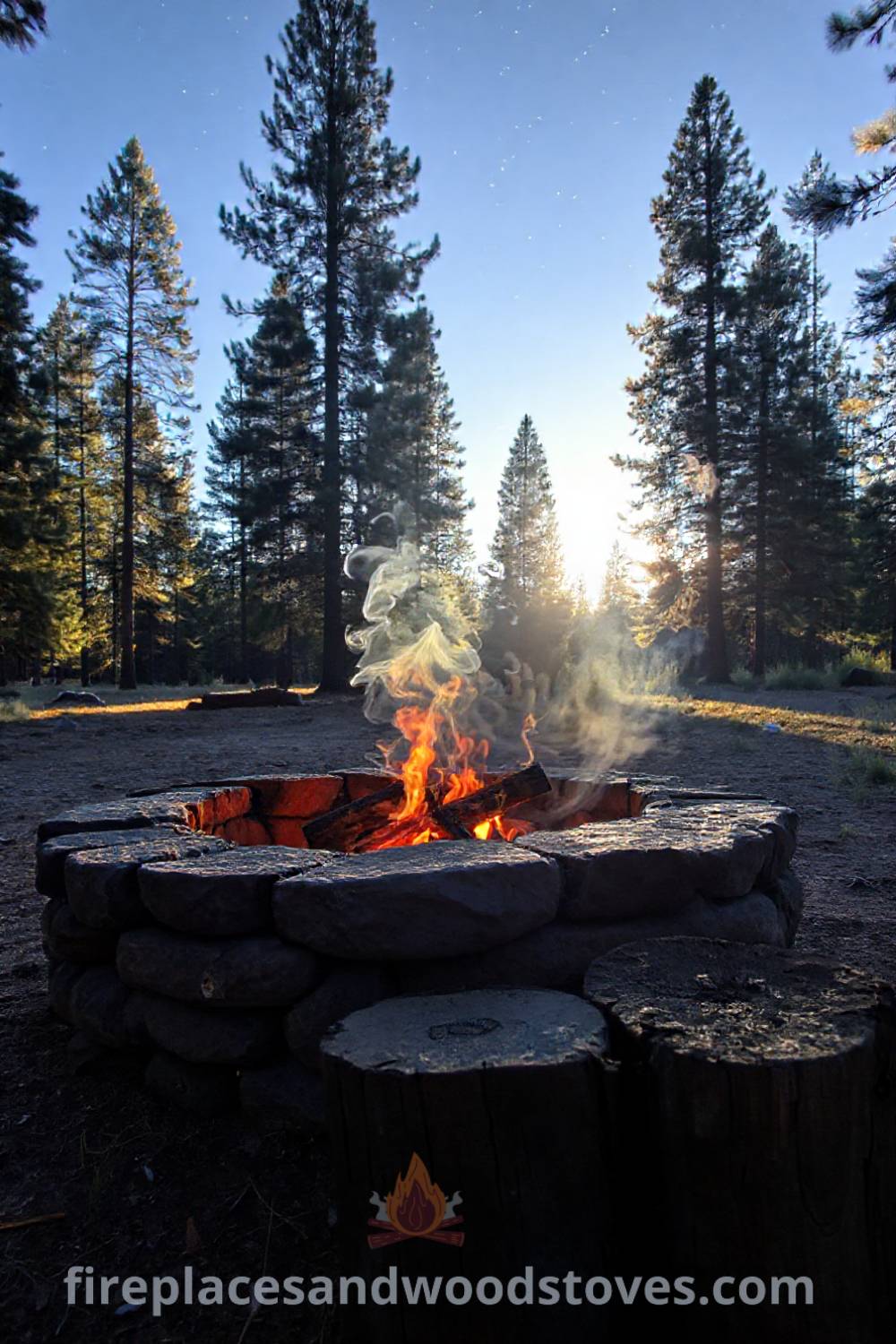 Stone fire pit in a sun-dappled clearing surrounded by tall pines, with weathered log stumps for seating, creating a cozy and inviting outdoor gathering space. Visit patioandhomefurniture.com for stylish ideas transforming your backyard into an incredible escape.