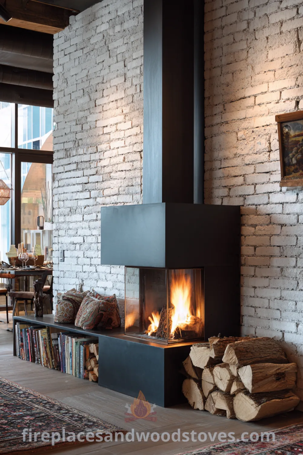 Sleek black steel wall-mounted fireplace with firewood beside an exposed brick wall and industrial Scandinavian fireplace style.