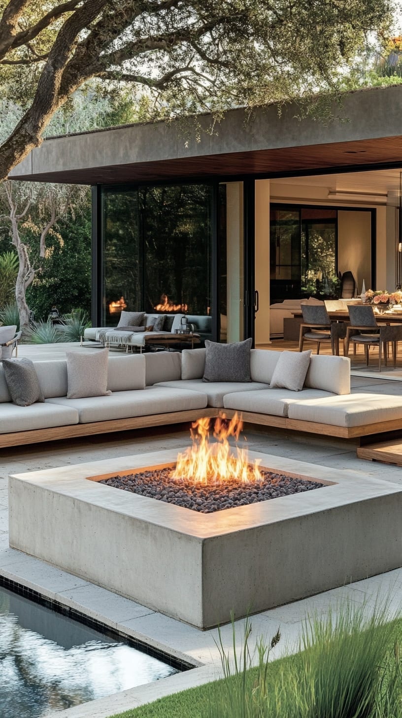 A modern outdoor living area featuring an oversized concrete fire pit, surrounded by comfortable seating and lush greenery, creating a tranquil and inviting environment.