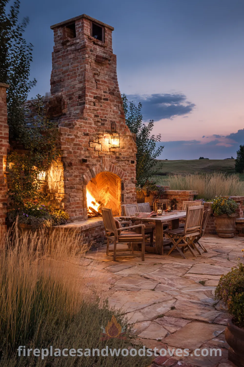 Rustic outdoor fireplace with aged brick, flagstone patio, and natural outdoor ambiance for cozy gatherings.