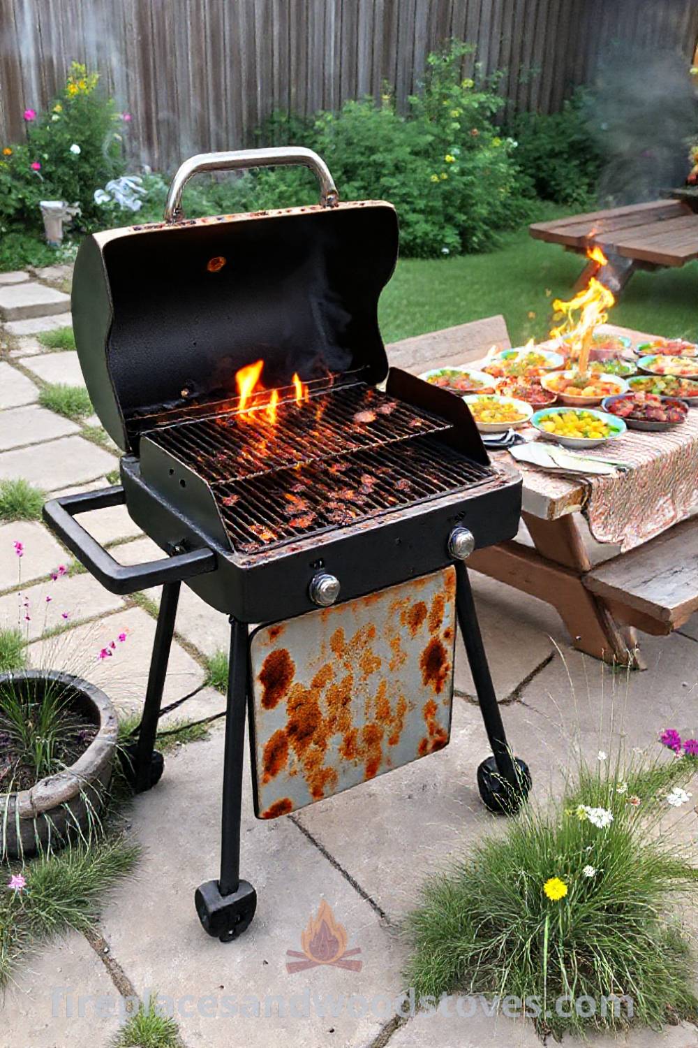 Backyard barbecue scene with a sizzling grill on a stone patio, a picnic table filled with colorful dishes, and wildflowers, creating a cozy and inviting summer atmosphere. Visit patioandhomefurniture.com for incredible ideas that will wow your guests.