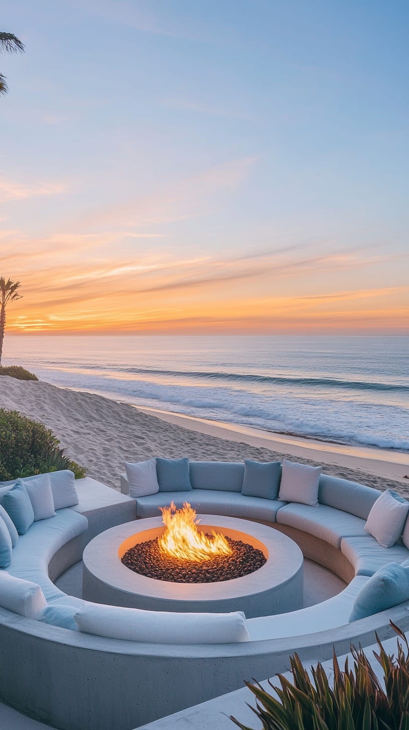 A serene beach scene featuring a circular fire pit with seating around it, set against a beautiful sunset over the ocean.