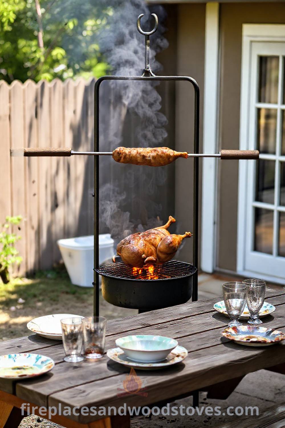 Classic spit BBQ in a sunlit backyard with a whole chicken cooking over open flames beside a rustic wooden picnic table adorned with mismatched plates and glasses, creating a cozy space for gatherings. Discover more incredible outdoor ideas at patioandhomefurniture.com.