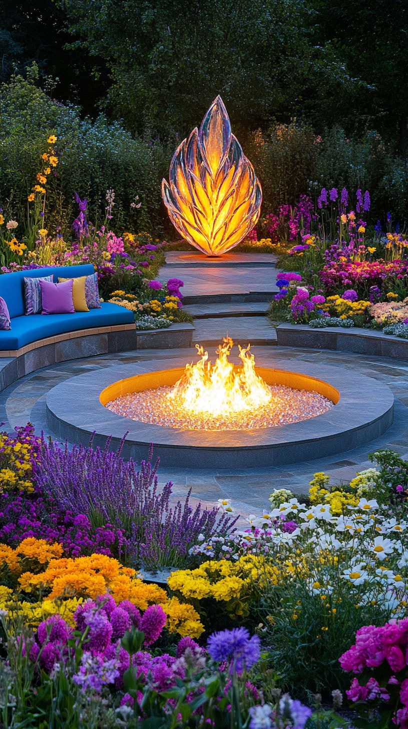 A cozy fire pit surrounded by colorful flowers, with seating and cushions, creating a magical outdoor living space.