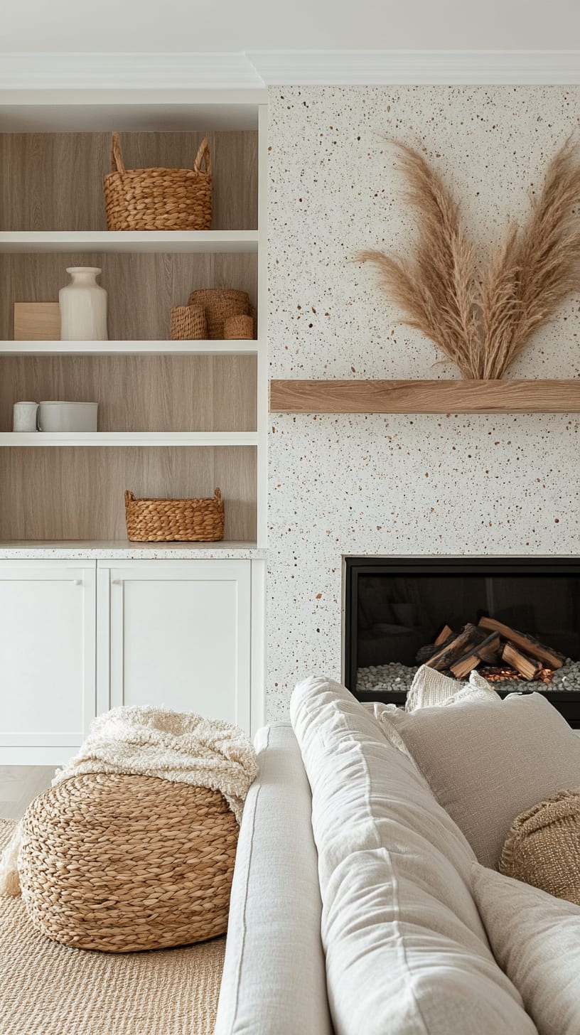 A serene living room featuring neutral terrazzo walls, a light brown linen couch, built-in cabinets, and pampas grass decor, reflecting an Australian beach house style.