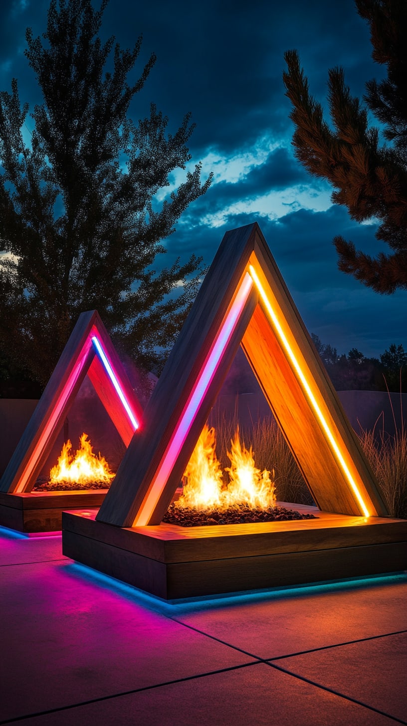 Two modern triangular fire pits with glowing neon lights, set in an outdoor landscape, featuring concrete and wood elements amidst a night sky.
