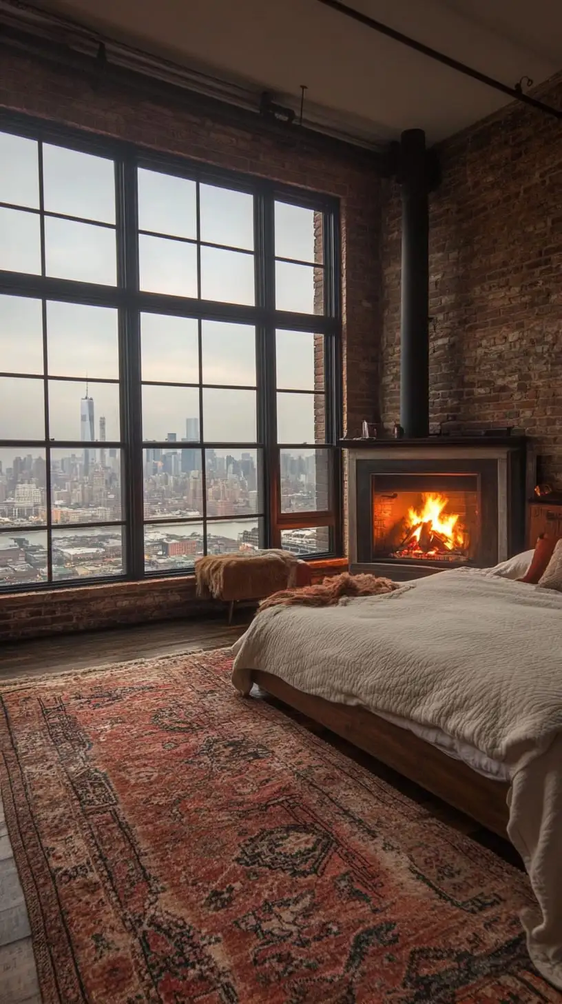 A cozy industrial loft bedroom with brick walls, a fireplace, large windows showcasing the New York City skyline, and a vintage area rug.