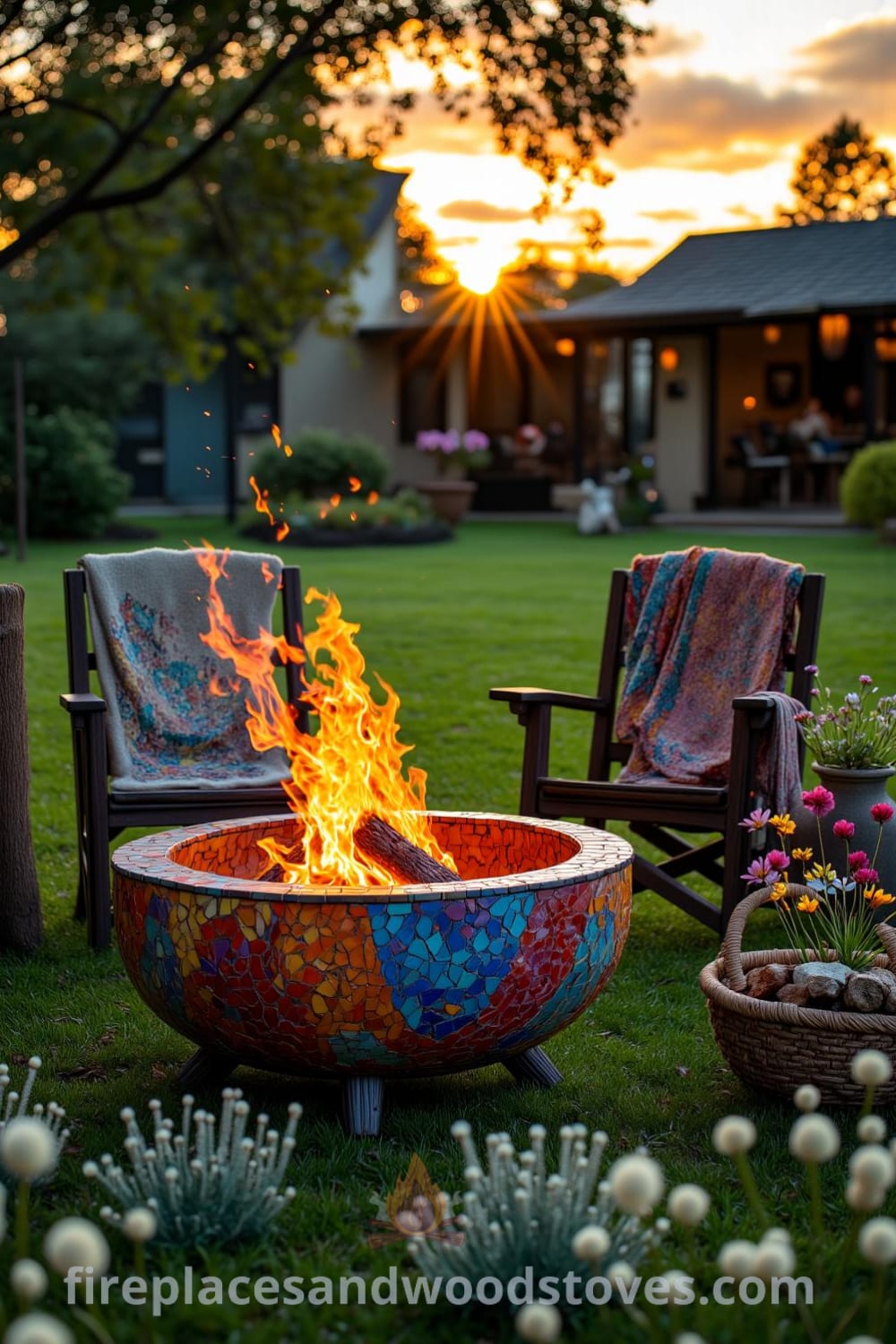 A vibrant Bohemian mosaic firepit surrounded by rustic wooden chairs draped with blankets in a grassy yard, with shimmering mosaic tiles and flames illuminating nearby wildflowers, creating a cozy atmosphere perfect for gatherings. For more cozy ideas and decor inspirations, visit fireplacesandwoodstoves.com.