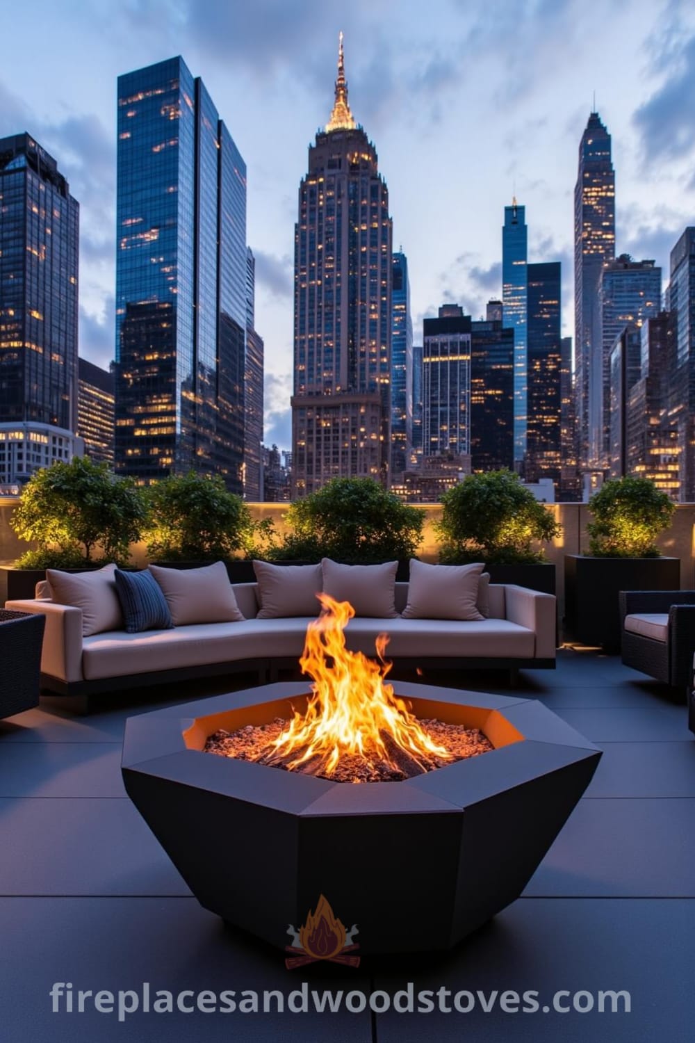 Art Deco fire pit in a sleek urban rooftop garden surrounded by modern furniture, featuring a polished stone seating area and lush greenery, illuminated by warm flames with a city skyline background, providing unique ideas for your home decor at fireplacesandwoodstoves.com.