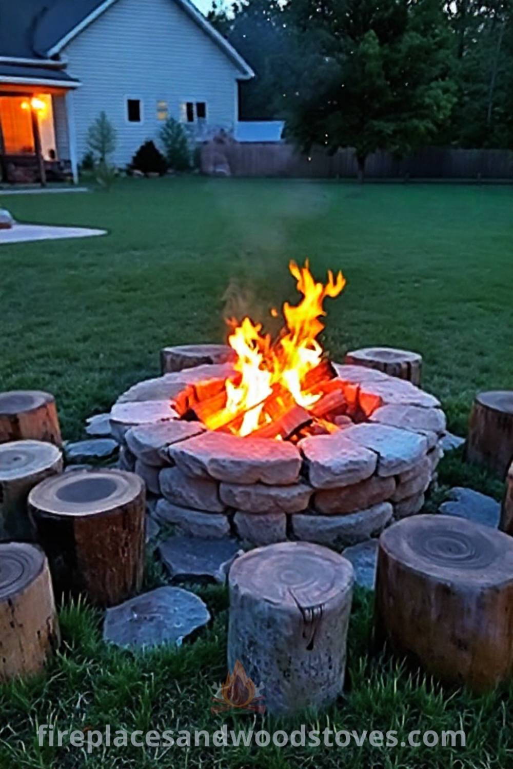 Stone fire pit surrounded by mismatched log stools, creating a cozy gathering spot in a spacious backyard, perfect for storytelling under the stars. Visit patioandhomefurniture.com for incredible outdoor design ideas.