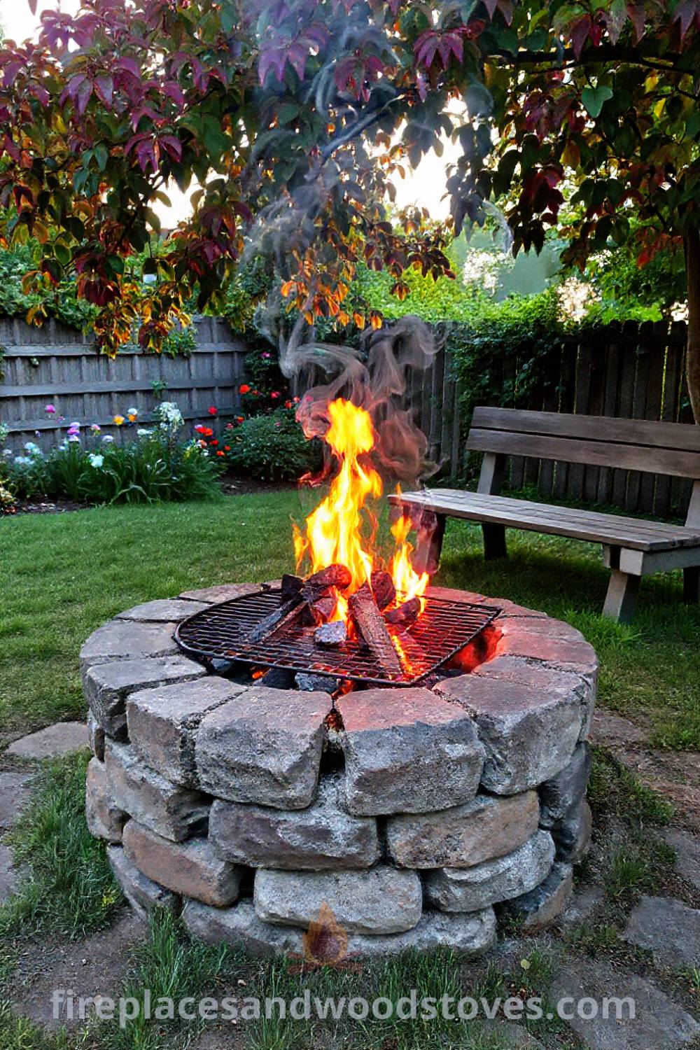 Rustic stone fire pit in a quaint garden with a charcoal grill grate, surrounded by grass and wooden benches, creating a cozy ambiance perfect for gatherings. Visit patioandhomefurniture.com for stylish outdoor design inspiration.