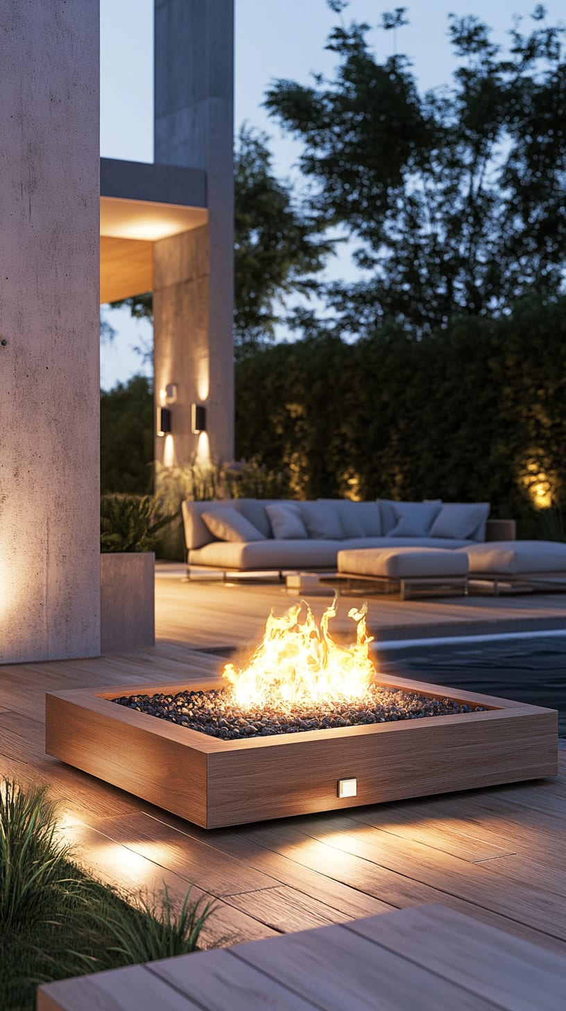 A modern outdoor fire pit surrounded by comfortable seating and greenery on an elegant wooden deck, creating a cozy atmosphere for relaxation.
