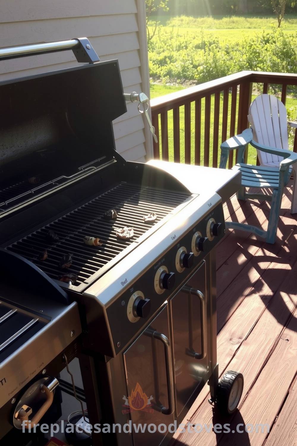 Sleek barbecue grill on a wooden deck with charred remnants inside, surrounded by mismatched chairs creating a cozy outdoor atmosphere, perfect for gatherings, reflecting unique design ideas and inspirations for your home from fireplacesandwoodstoves.com.