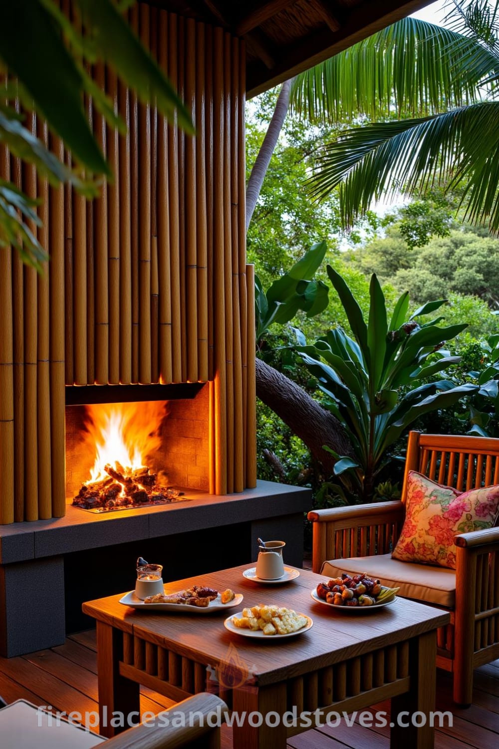 Tropical bamboo barbecue fireplace in a lush garden setting, surrounded by greenery and palm fronds, with warm flames dancing from the stone hearth, creating a cozy atmosphere perfect for outdoor gatherings and decor inspirations. Visit fireplacesandwoodstoves.com for unique ideas.