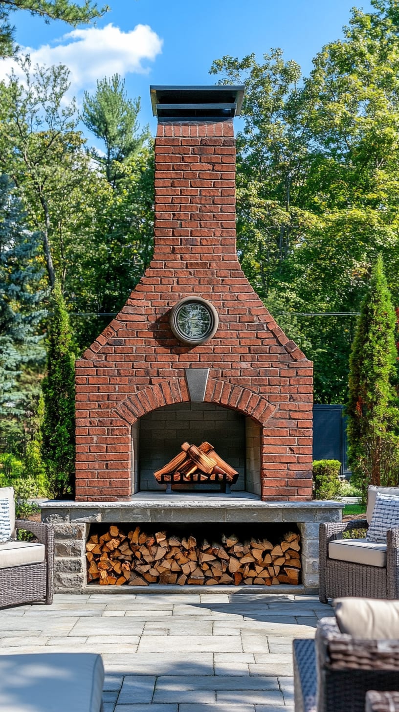 A picturesque red brick outdoor fireplace surrounded by trees and a sunny sky, with comfortable seating arranged for relaxation.