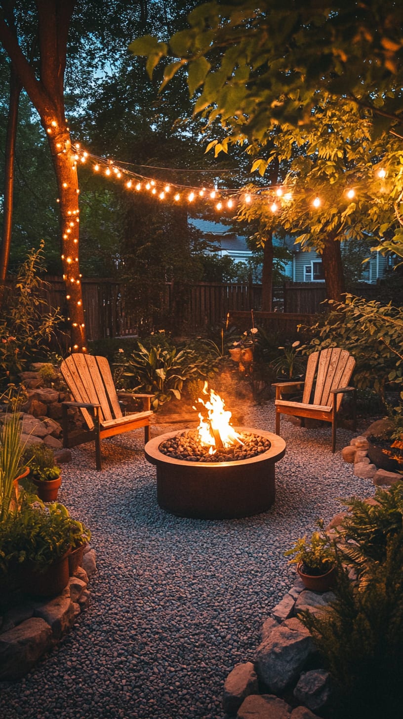 An outdoor fire pit surrounded by comfortable wooden chairs, illuminated with string lights, set in a lush garden with a pebble gravel area.