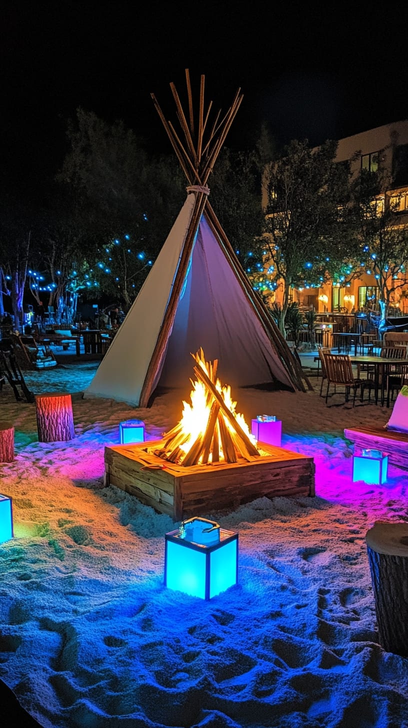 A large outdoor fire pit surrounded by colorful LED lanterns and a spacious teepee on the beach at night, creating a warm and inviting party atmosphere.
