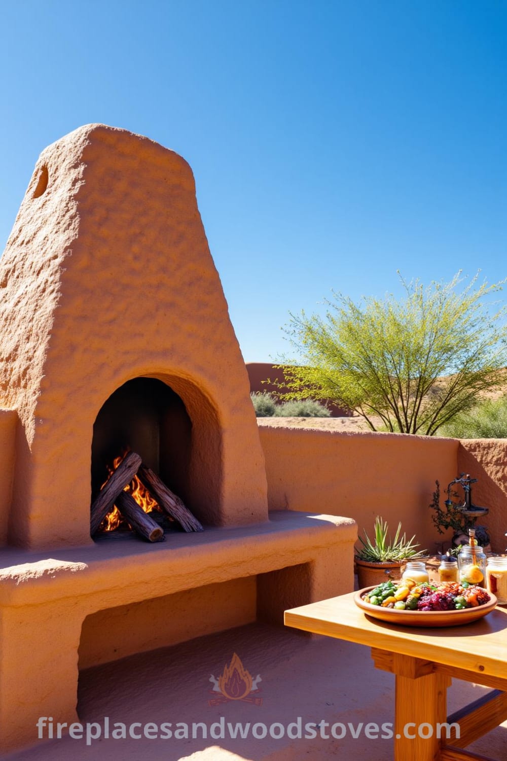 Southwestern adobe barbecue in a sun-soaked yard, showcasing smoldering wood logs and a wooden table filled with fresh ingredients, creating a cozy and inviting outdoor gathering atmosphere, perfect for friends, as seen on fireplacesandwoodstoves.com.