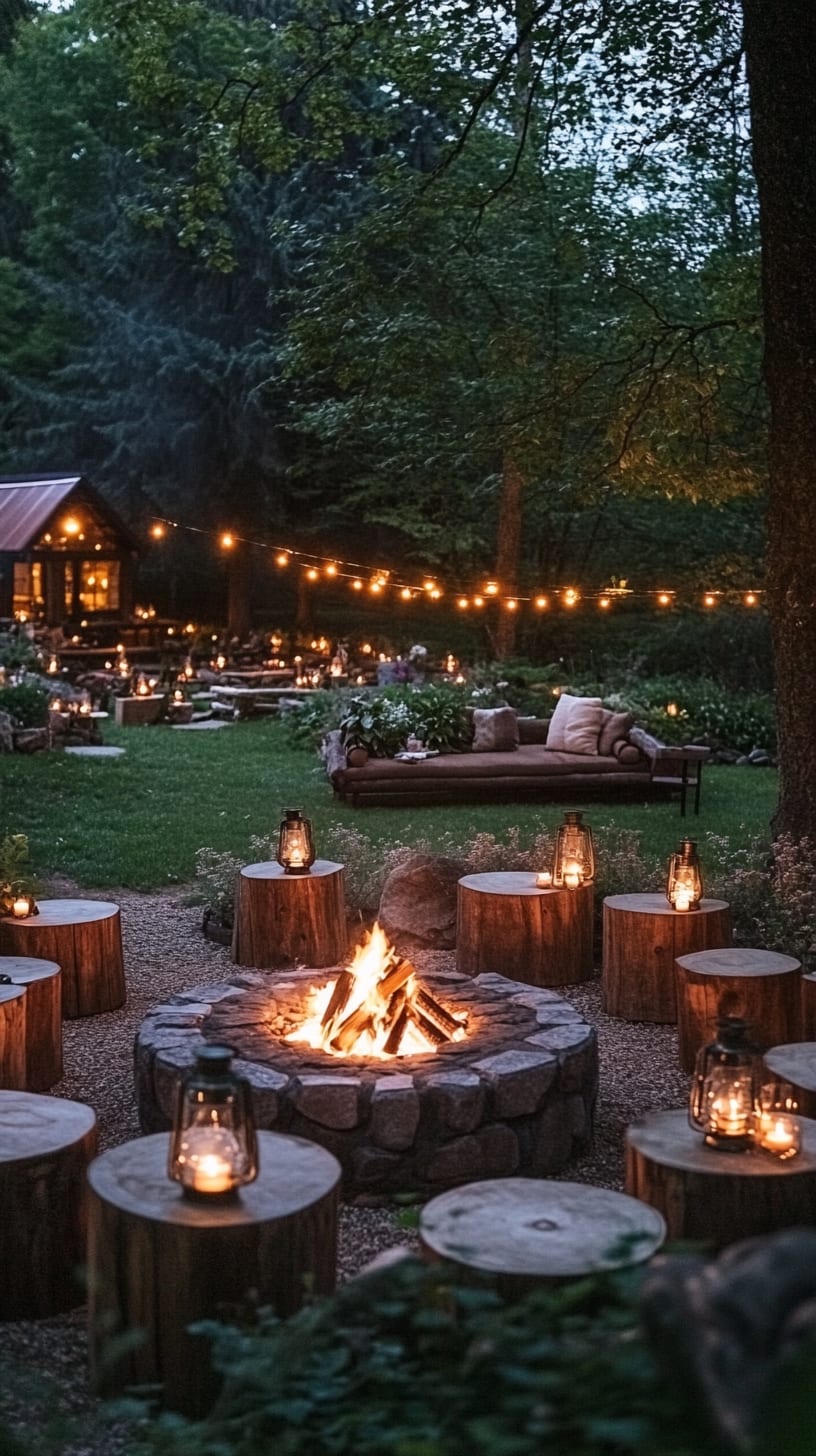 A rustic outdoor wedding ceremony scene featuring wooden stumps for seating, a fire pit, and soft lighting with lanterns and string lights in a natural setting.